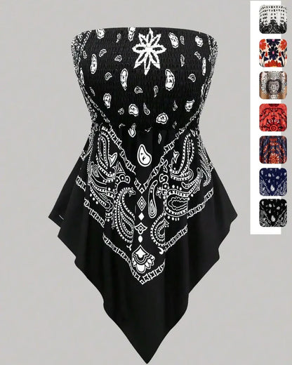 Boho Plus Size Ethnic Print Tube Top Asym Hem