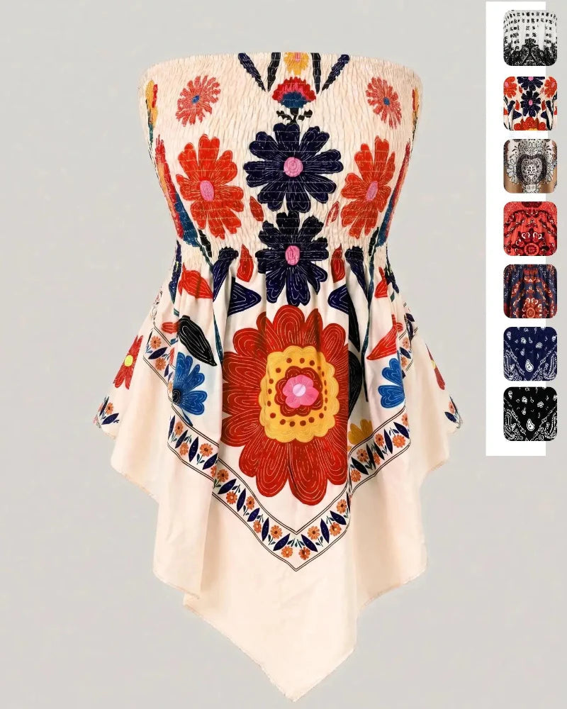 Boho Plus Size Ethnic Print Tube Top Asym Hem