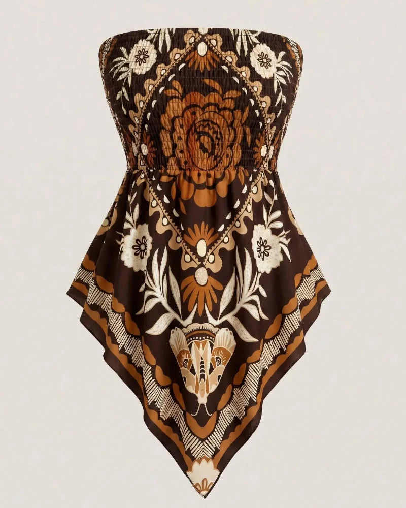 Boho Plus Size Ethnic Print Tube Top Asym Hem