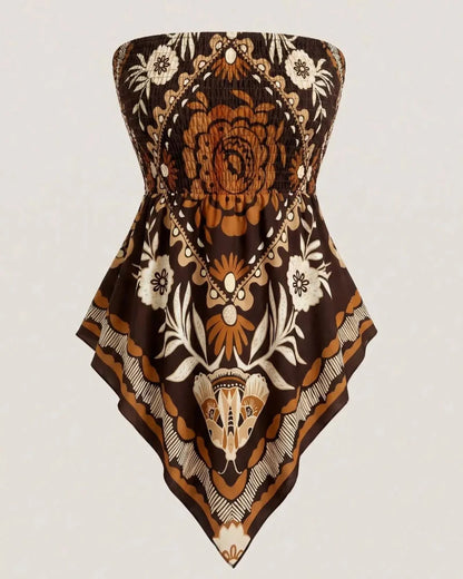 Boho Plus Size Ethnic Print Tube Top Asym Hem